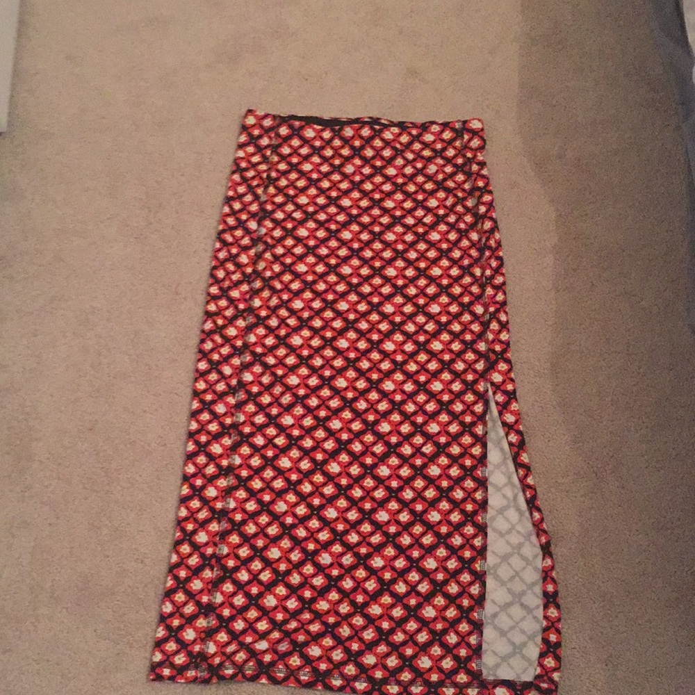 Red floral slit down long skirt